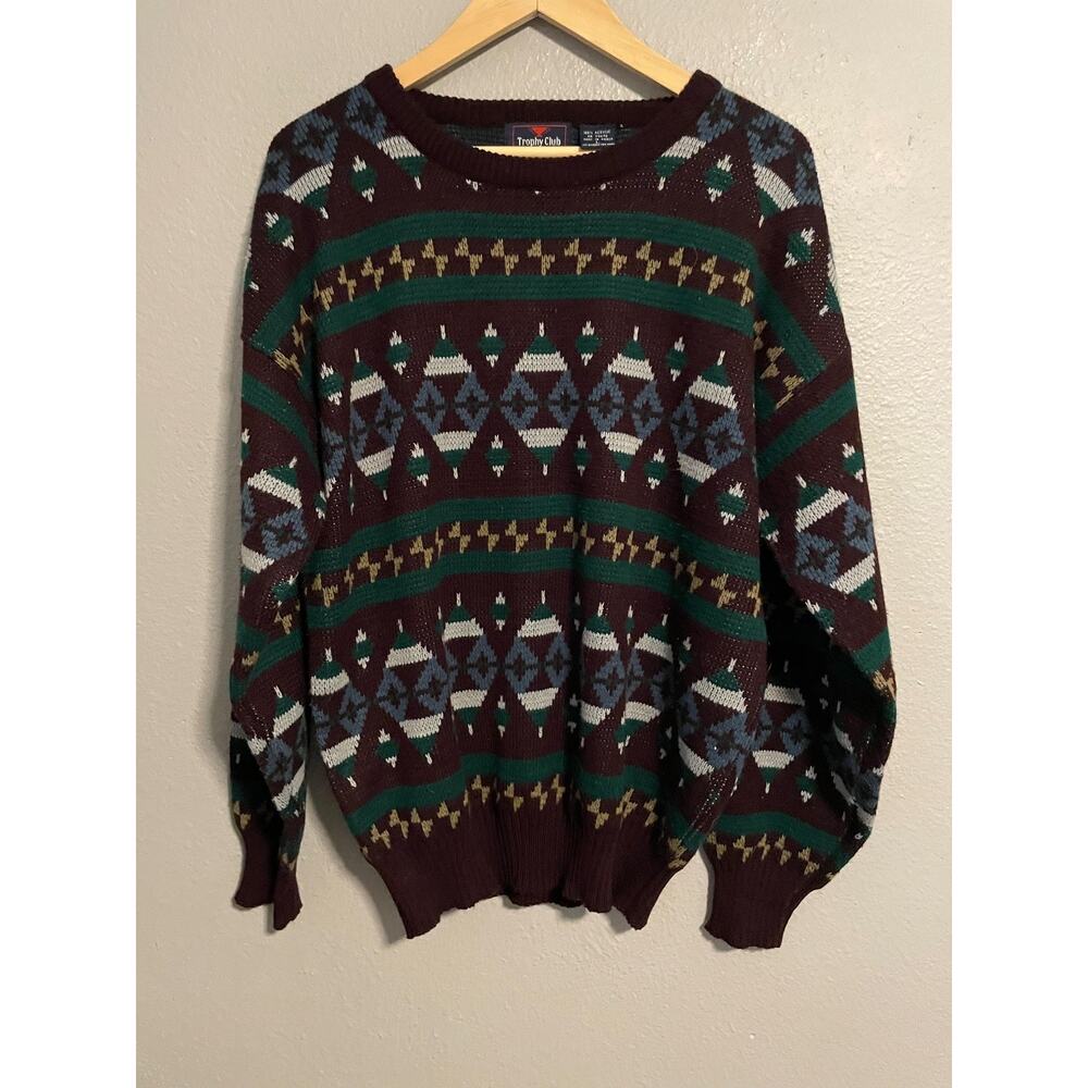 Vintage Trophy Club Sweater Mens Large Burgundy Aztec Southwestern Knit 90s